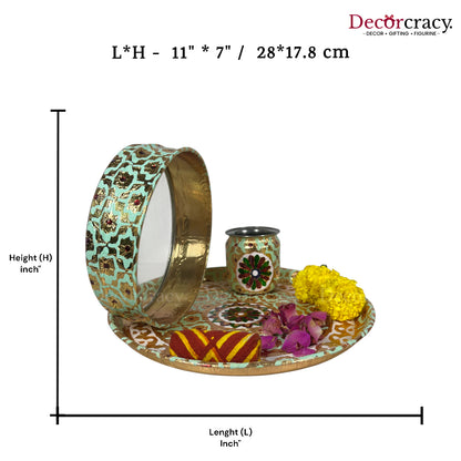 Blue Mint Karwa Chout Full Meenakari Chot Pooja Karwa Lota Kalash Diya Channi Thali Steel Set 12"