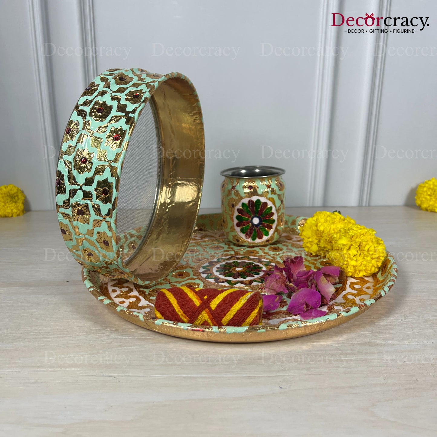 Blue Mint Karwa Chout Full Meenakari Chot Pooja Karwa Lota Kalash Diya Channi Thali Steel Set 12"