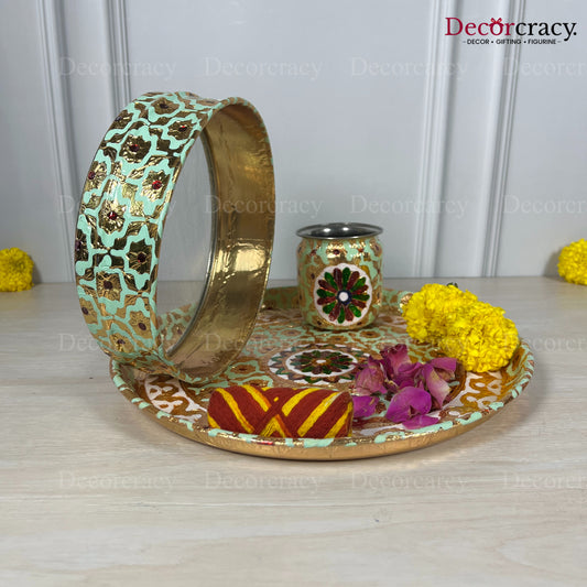 Blue Mint Karwa Chout Full Meenakari Chot Pooja Karwa Lota Kalash Diya Channi Thali Steel Set 12"