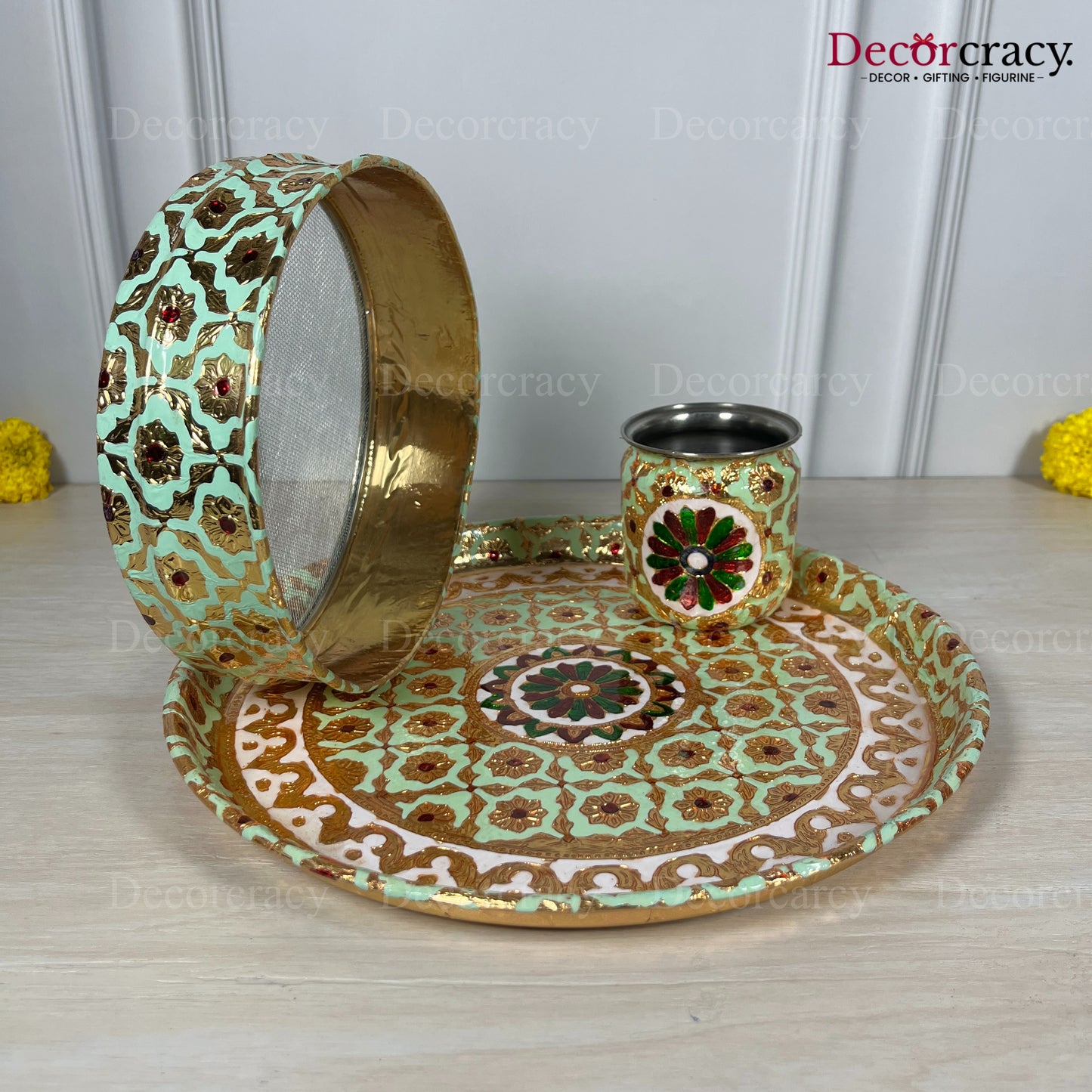Blue Mint Karwa Chout Full Meenakari Chot Pooja Karwa Lota Kalash Diya Channi Thali Steel Set 12"