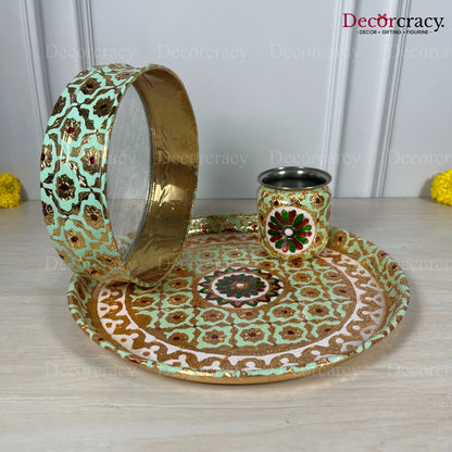 Blue Mint Karwa Chout Full Meenakari Chot Pooja Karwa Lota Kalash Diya Channi Thali Steel Set 12"