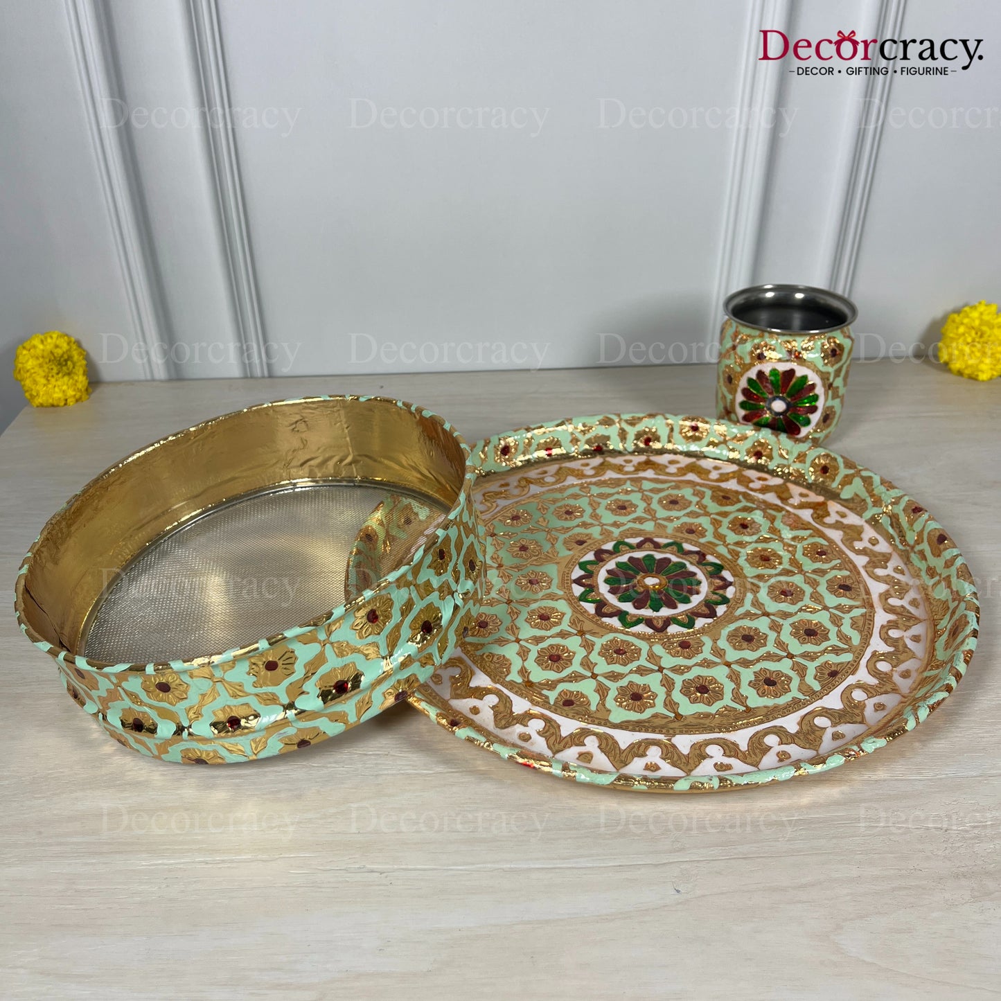 Blue Mint Karwa Chout Full Meenakari Chot Pooja Karwa Lota Kalash Diya Channi Thali Steel Set 12"