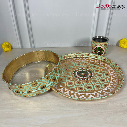 Blue Mint Karwa Chout Full Meenakari Chot Pooja Karwa Lota Kalash Diya Channi Thali Steel Set 12"