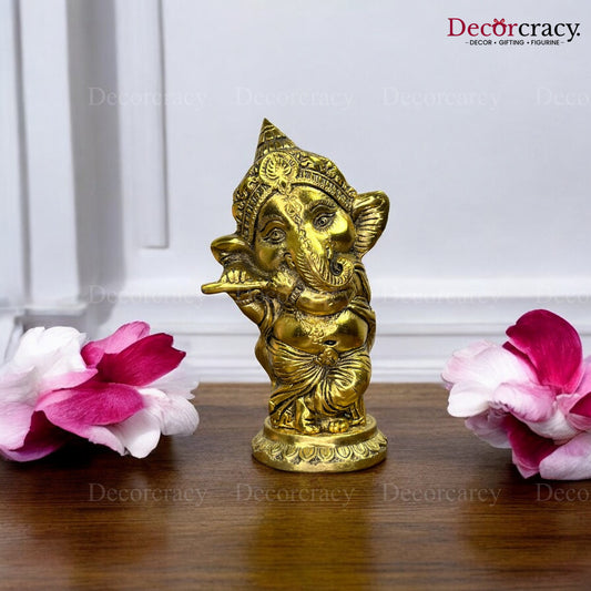 Shree Ganesh with Bansuri Idol Metal golden