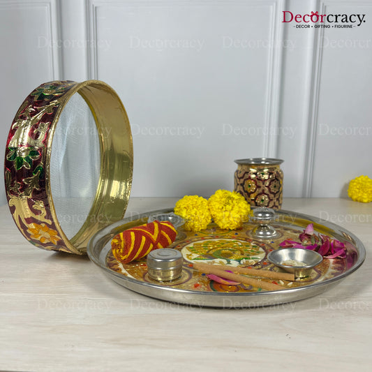 Golden Karwa Chout Half Meenakari Chot Pooja Karwa Lota Kalash Diya Channi Thali Steel Set 12"