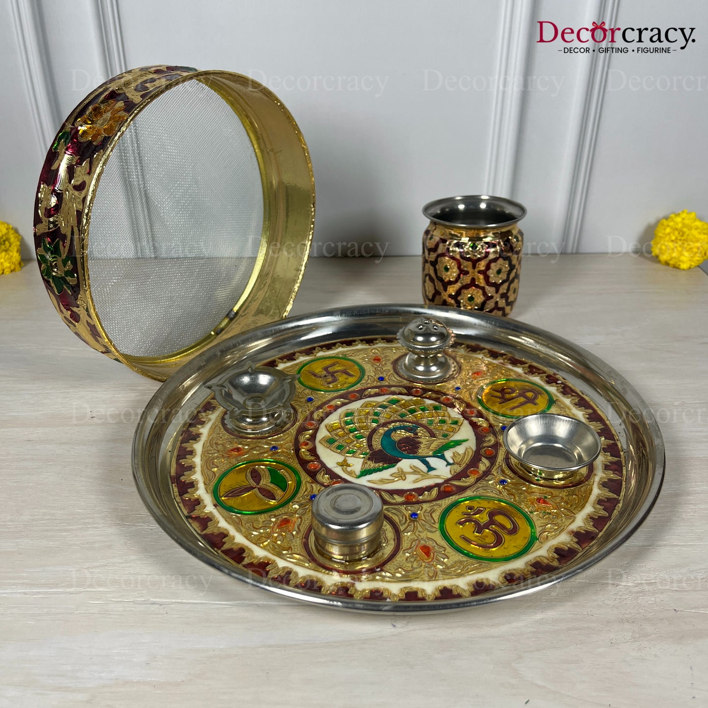 Golden Karwa Chout Half Meenakari Chot Pooja Karwa Lota Kalash Diya Channi Thali Steel Set 12"