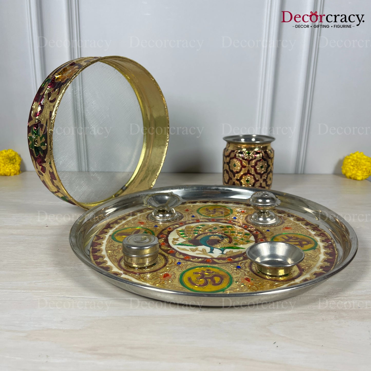Golden Karwa Chout Half Meenakari Chot Pooja Karwa Lota Kalash Diya Channi Thali Steel Set 12"