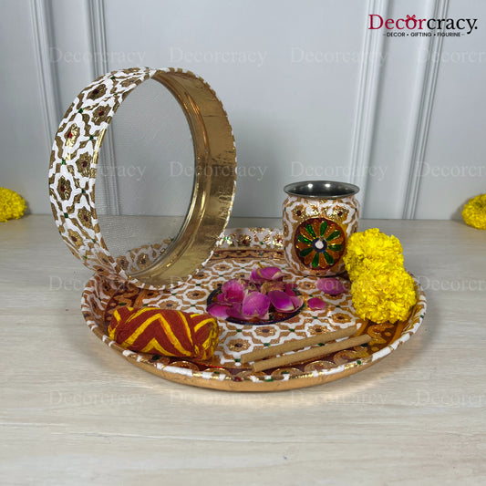 White Karwa Chout Full Meenakari Chot Pooja Karwa Lota Kalash Diya Channi Thali Steel Set 12"