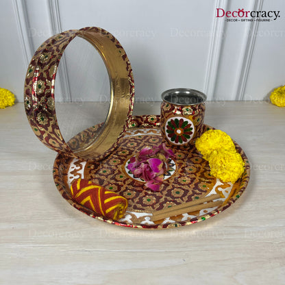 Red Karwa Chout Full Meenakari Chot Pooja Karwa Lota Kalash Diya Channi Thali Steel Set 12"