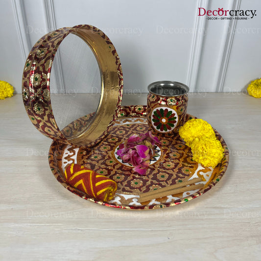 Red Karwa Chout Full Meenakari Chot Pooja Karwa Lota Kalash Diya Channi Thali Steel Set 12"