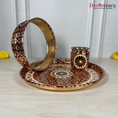 Red Karwa Chout Full Meenakari Chot Pooja Karwa Lota Kalash Diya Channi Thali Steel Set 12"