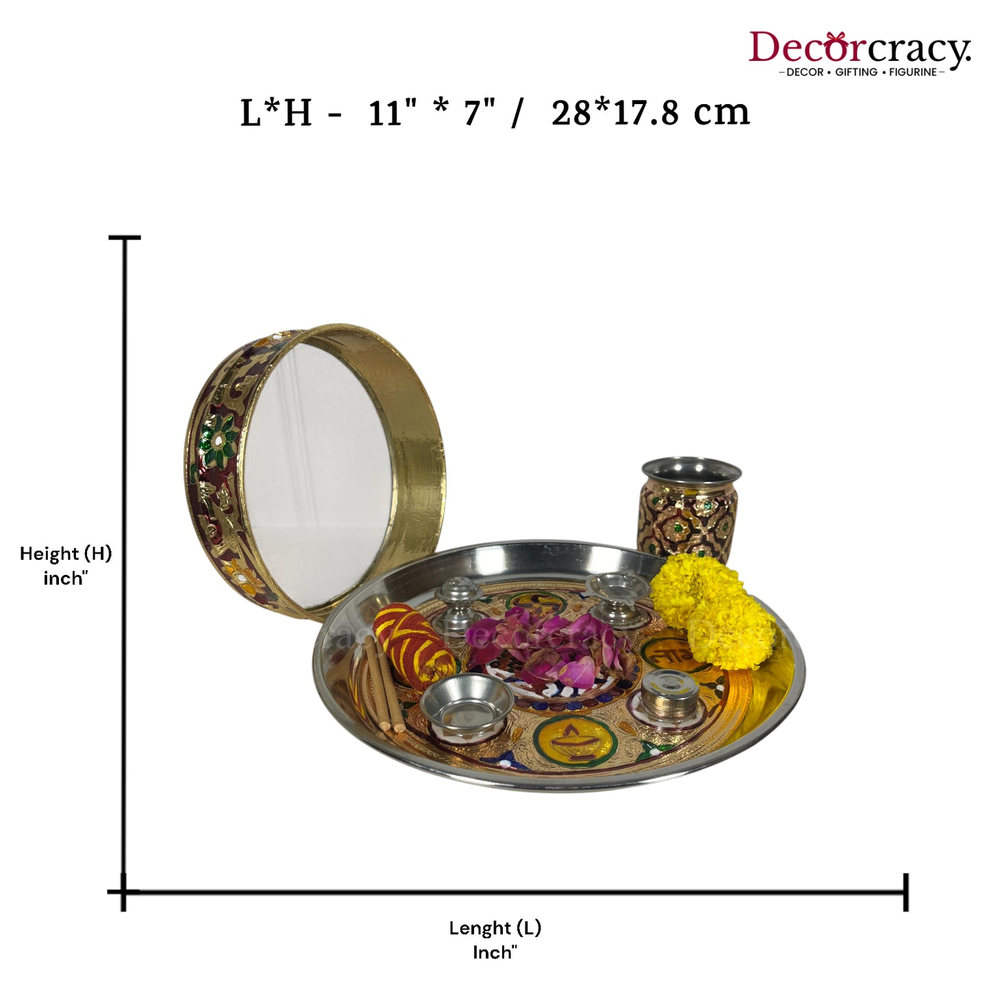 Golden Karwa Chout Half Meenakari Chot Pooja Karwa Lota Kalash Diya Channi Thali Steel Set 12"