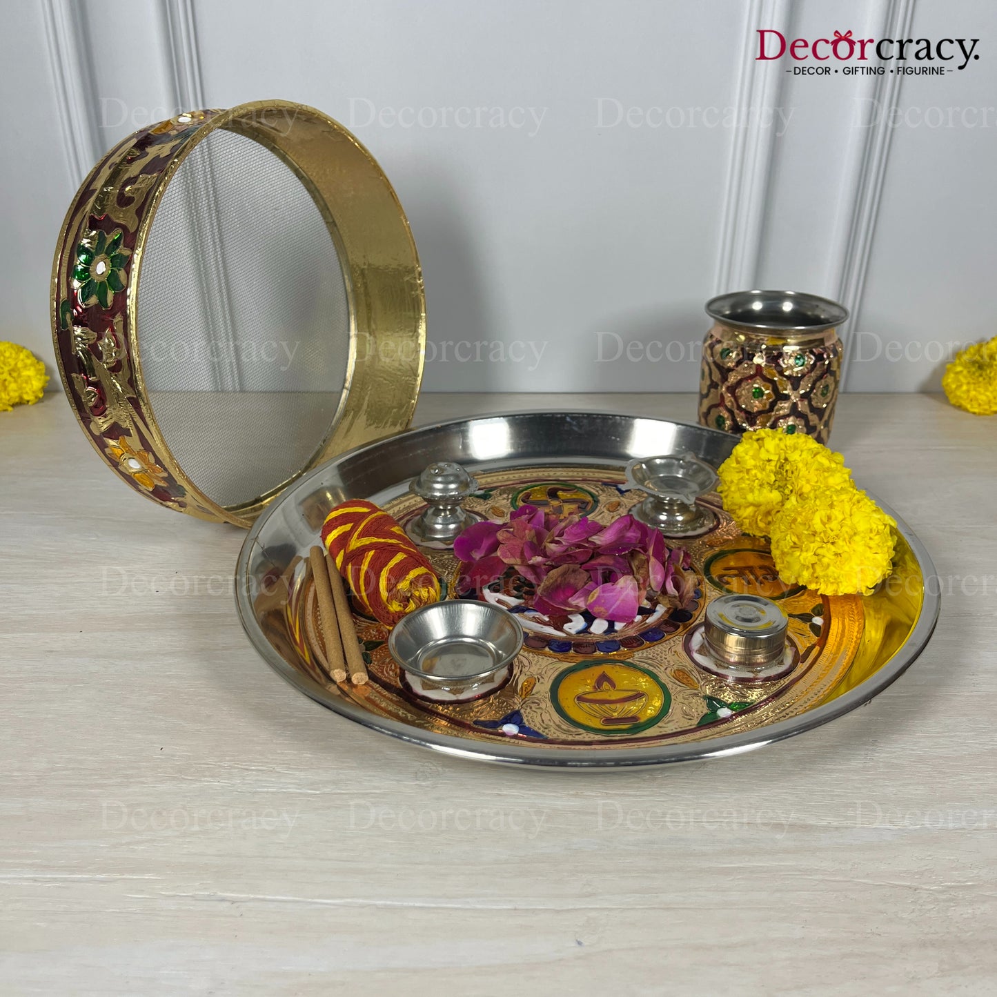 Golden Karwa Chout Half Meenakari Chot Pooja Karwa Lota Kalash Diya Channi Thali Steel Set 12"
