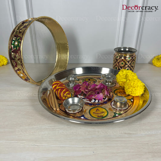 Golden Karwa Chout Half Meenakari Chot Pooja Karwa Lota Kalash Diya Channi Thali Steel Set 12"