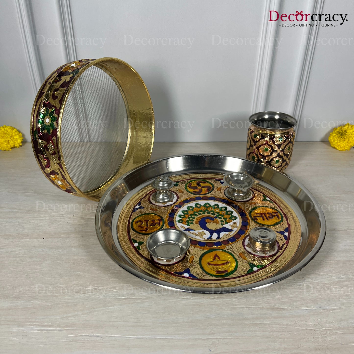 Golden Karwa Chout Half Meenakari Chot Pooja Karwa Lota Kalash Diya Channi Thali Steel Set 12"