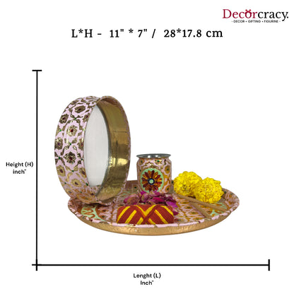 Pink Karwa Chout Full Meenakari Chot Pooja Karwa Lota Kalash Diya Channi Thali Steel Set 12"