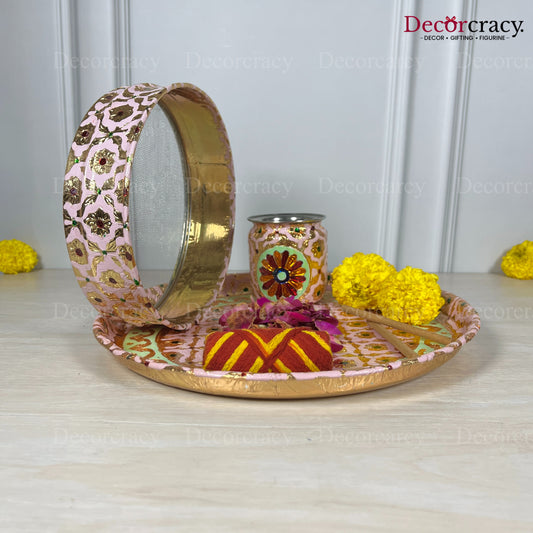 Pink Karwa Chout Full Meenakari Chot Pooja Karwa Lota Kalash Diya Channi Thali Steel Set 12"