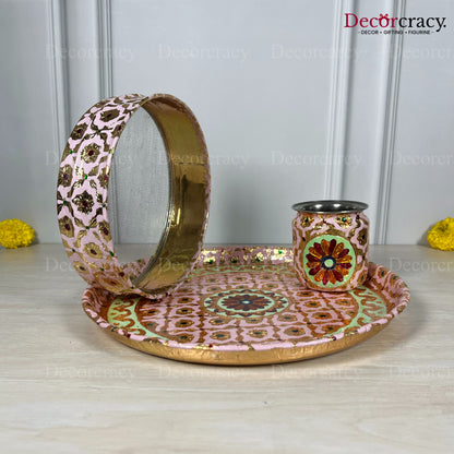 Pink Karwa Chout Full Meenakari Chot Pooja Karwa Lota Kalash Diya Channi Thali Steel Set 12"