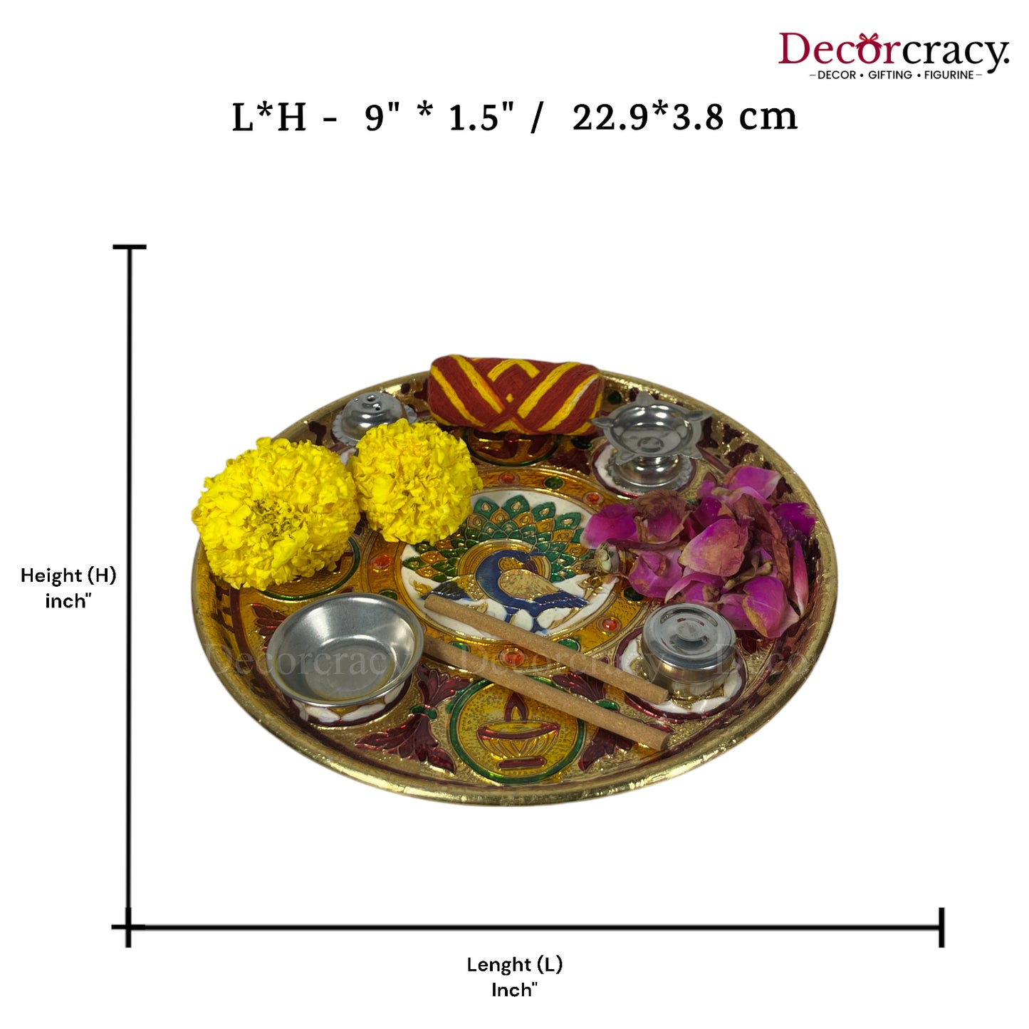 Golden Pooja Steel Full Meenakari Aarti Thali Deepak Agarbatti Stand Storage Dibbi  9"