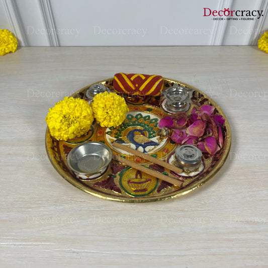Golden Pooja Steel Full Meenakari Aarti Thali Deepak Agarbatti Stand Storage Dibbi  9"