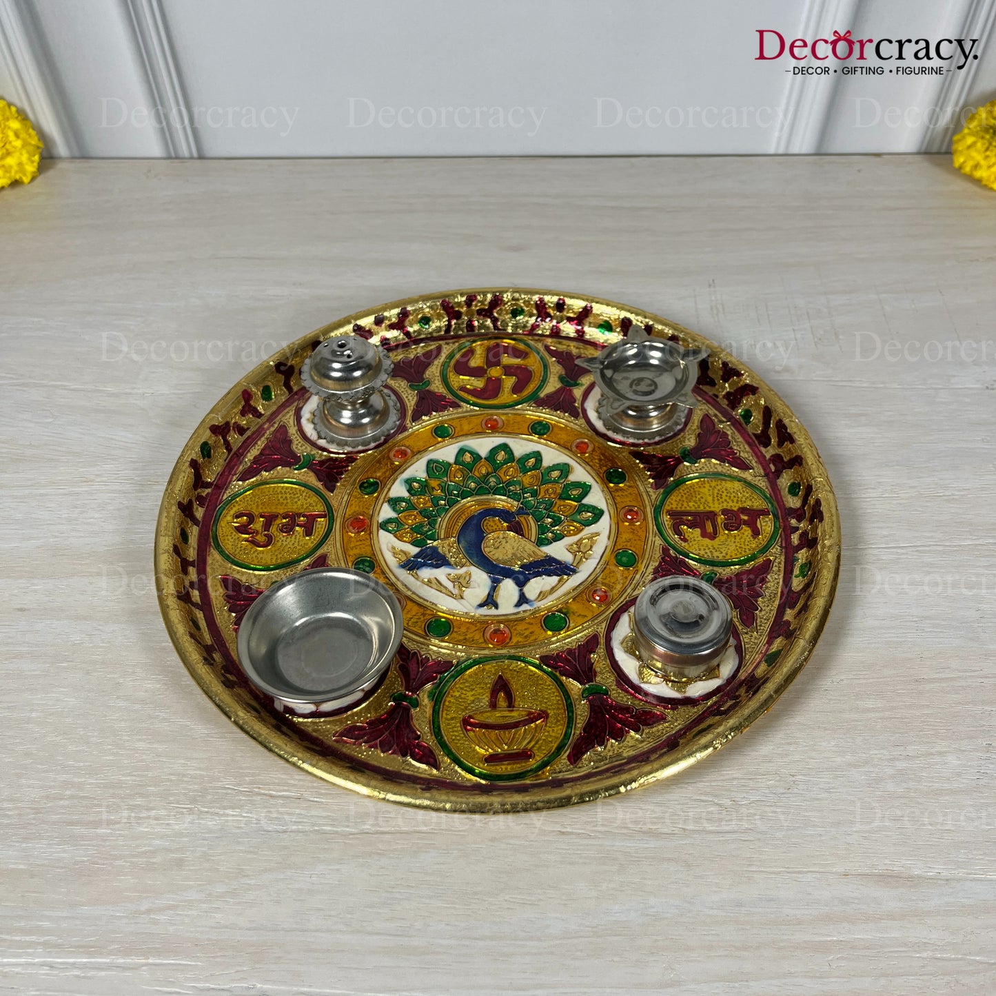 Golden Pooja Steel Full Meenakari Aarti Thali Deepak Agarbatti Stand Storage Dibbi  9"