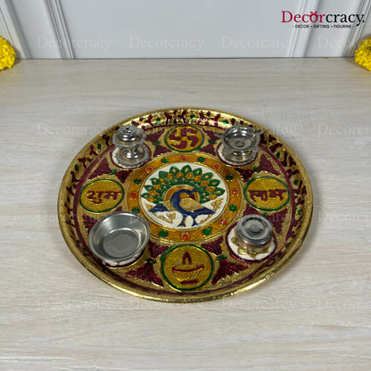 Golden Pooja Steel Full Meenakari Aarti Thali Deepak Agarbatti Stand Storage Dibbi  9"
