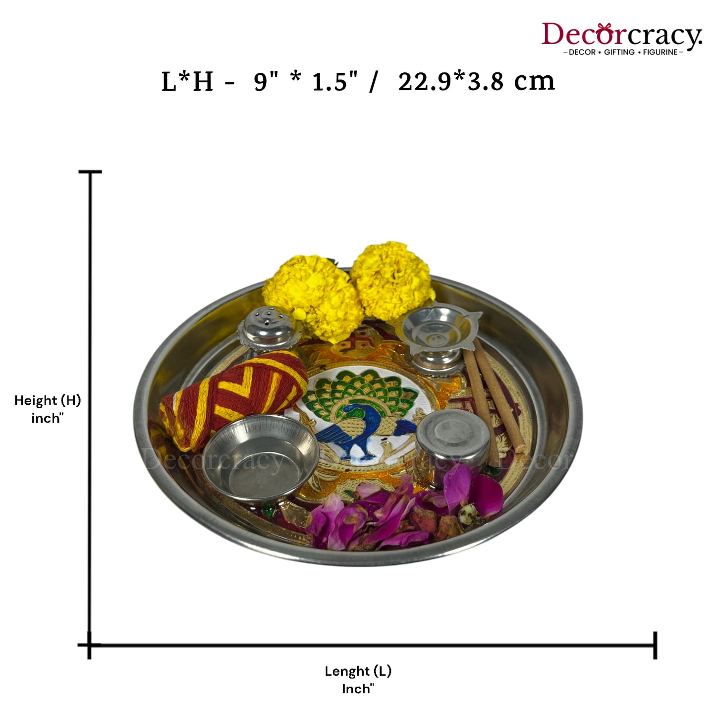 Golden Pooja Steel Half Meenakari Aarti Thali Deepak Agarbatti Stand Storage Dibbi 9"
