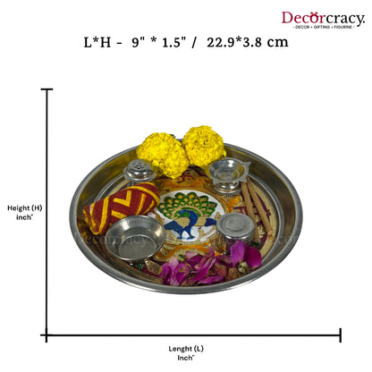 Golden Pooja Steel Half Meenakari Aarti Thali Deepak Agarbatti Stand Storage Dibbi 9"