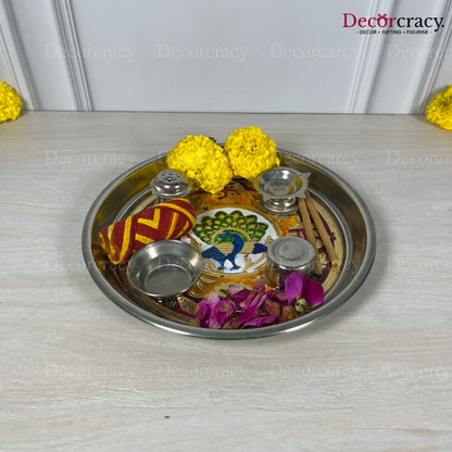 Golden Pooja Steel Half Meenakari Aarti Thali Deepak Agarbatti Stand Storage Dibbi 9"