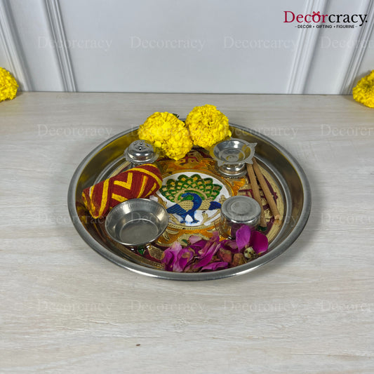 Golden Pooja Steel Half Meenakari Aarti Thali Deepak Agarbatti Stand Storage Dibbi 9"