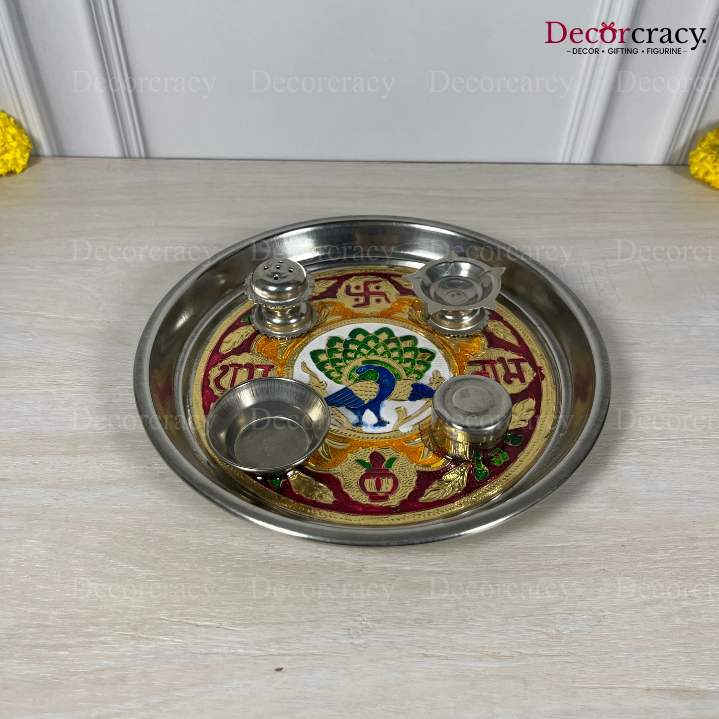Golden Pooja Steel Half Meenakari Aarti Thali Deepak Agarbatti Stand Storage Dibbi 9"