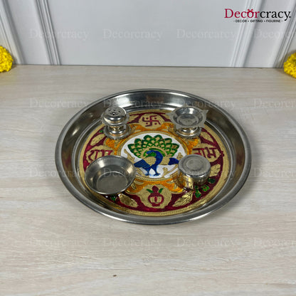 Golden Pooja Steel Half Meenakari Aarti Thali Deepak Agarbatti Stand Storage Dibbi 9"