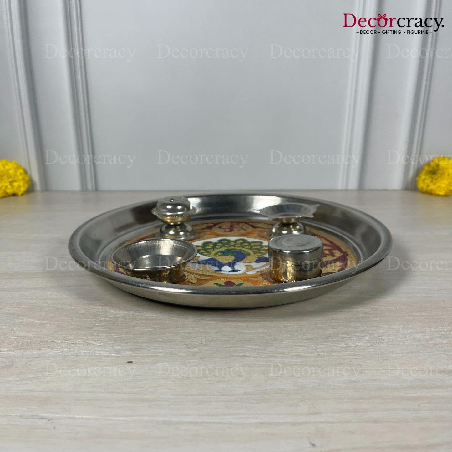Golden Pooja Steel Half Meenakari Aarti Thali Deepak Agarbatti Stand Storage Dibbi 9"