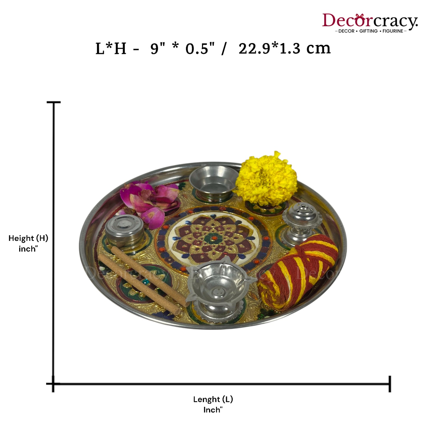 Golden Pooja Steel Half Meenakari Aarti Thali Deepak Agarbatti Stand Storage Dibbi 9" Flower