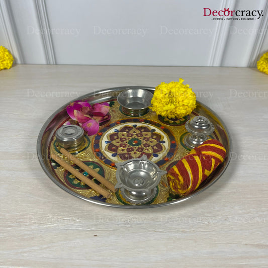 Golden Pooja Steel Half Meenakari Aarti Thali Deepak Agarbatti Stand Storage Dibbi 9" Flower