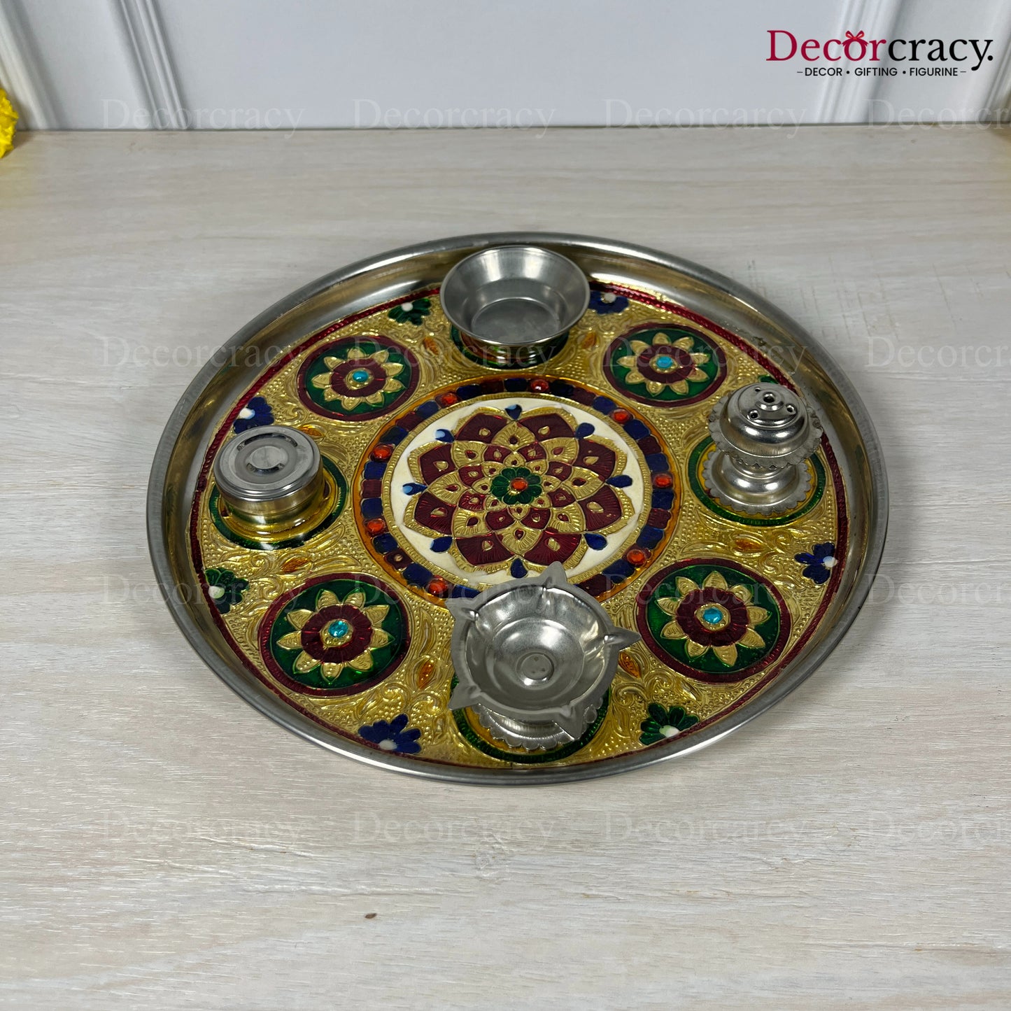 Golden Pooja Steel Half Meenakari Aarti Thali Deepak Agarbatti Stand Storage Dibbi 9" Flower