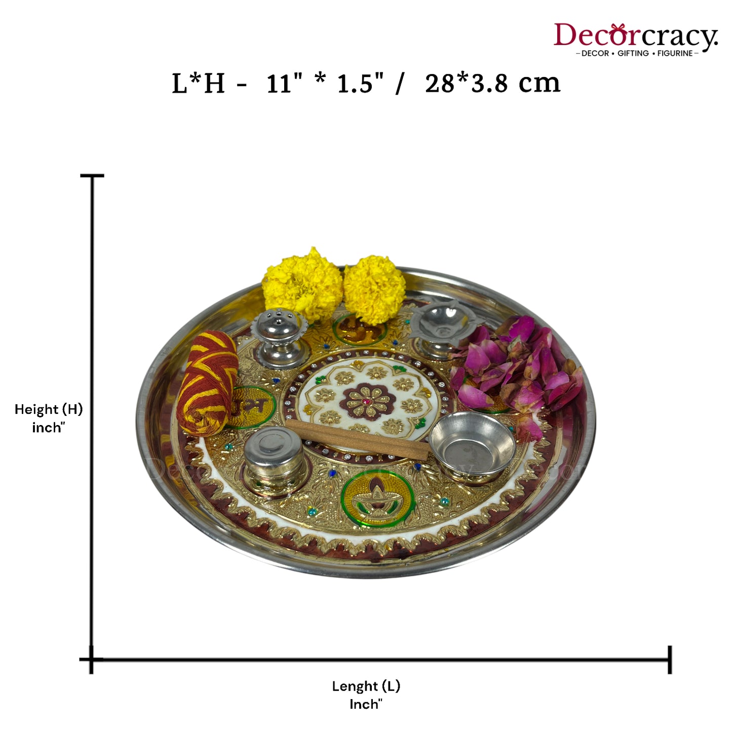 Golden Pooja Steel Half Meenakari Aarti Thali Deepak Agarbatti Stand Storage Dibbi 12"