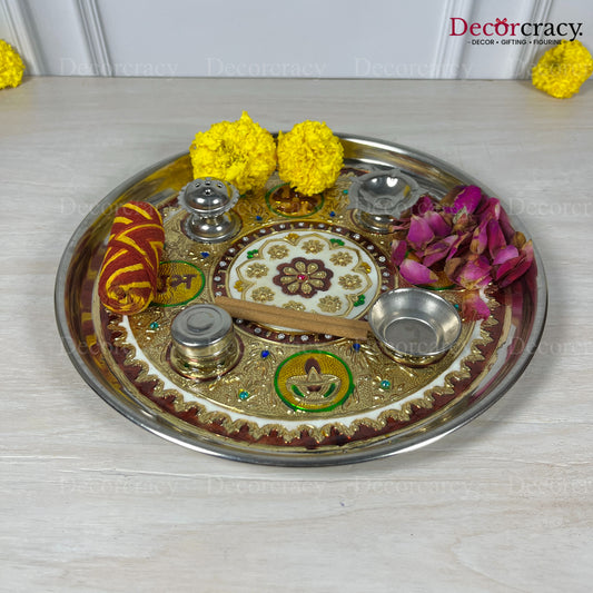 Golden Pooja Steel Half Meenakari Aarti Thali Deepak Agarbatti Stand Storage Dibbi 12"