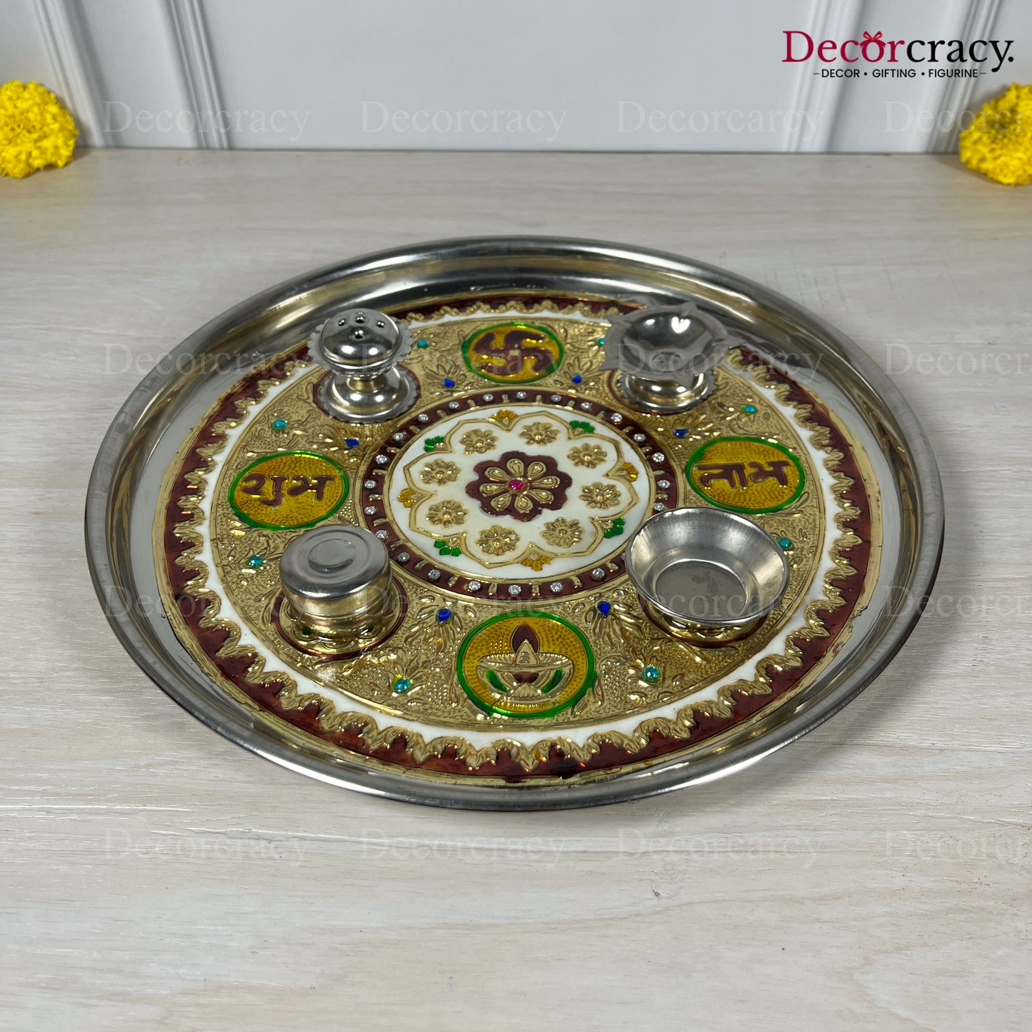 Golden Pooja Steel Half Meenakari Aarti Thali Deepak Agarbatti Stand Storage Dibbi 12"