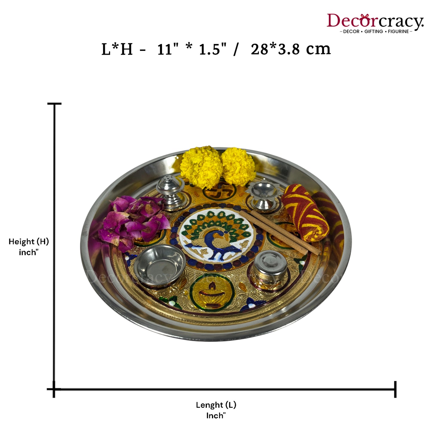 Golden Pooja Steel Half Meenakari Aarti ThaliDeepak Agarbatti Stand Storage Dibbi 12"