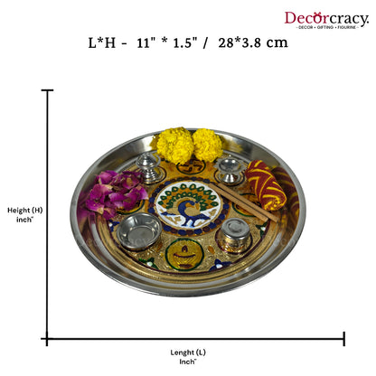 Golden Pooja Steel Half Meenakari Aarti ThaliDeepak Agarbatti Stand Storage Dibbi 12"