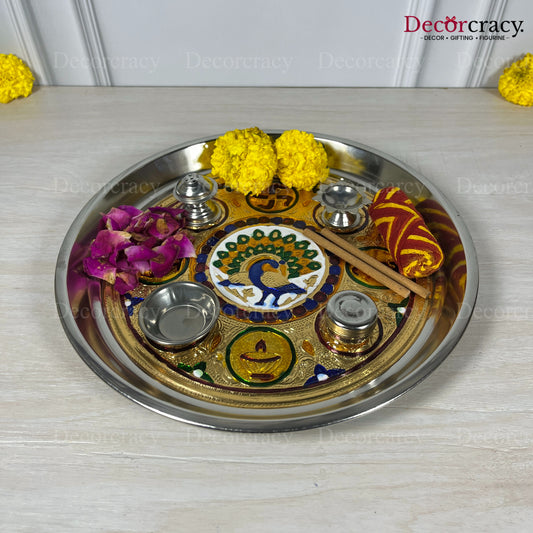 Golden Pooja Steel Half Meenakari Aarti ThaliDeepak Agarbatti Stand Storage Dibbi 12"