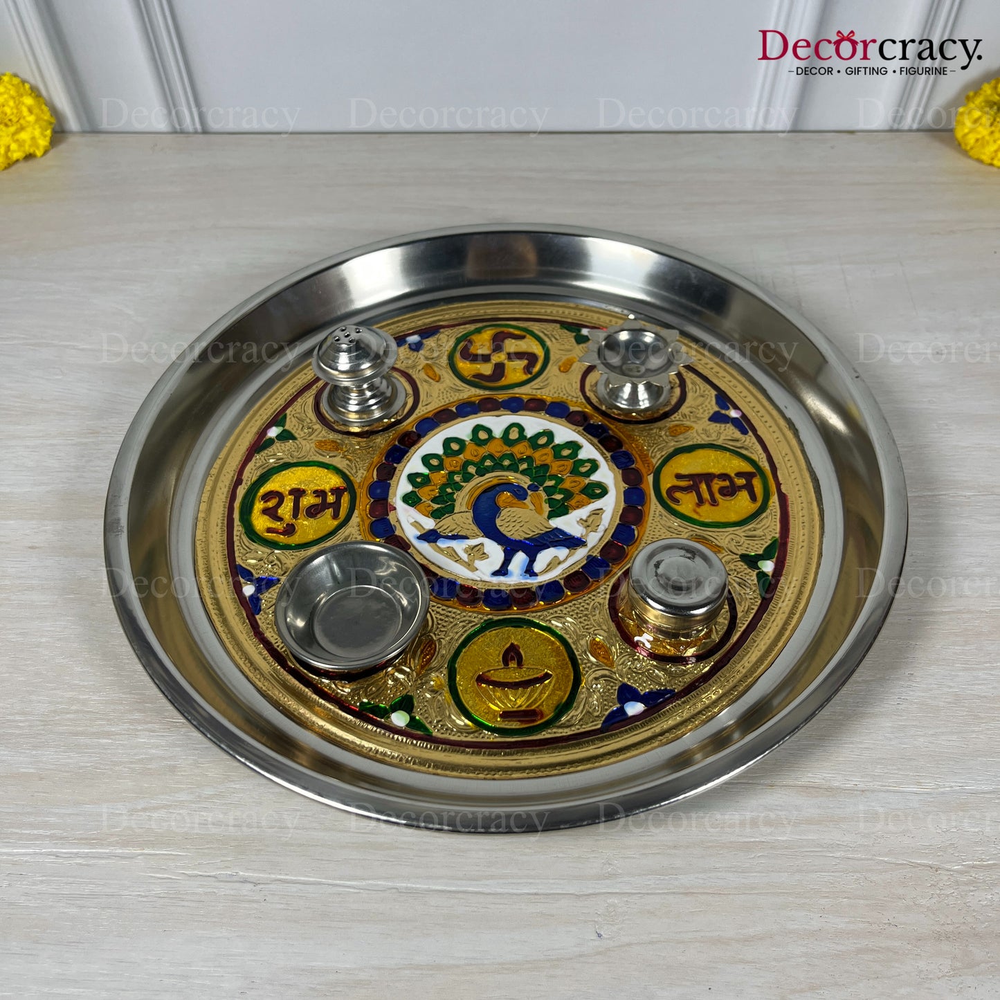 Golden Pooja Steel Half Meenakari Aarti ThaliDeepak Agarbatti Stand Storage Dibbi 12"