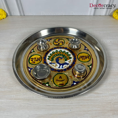 Golden Pooja Steel Half Meenakari Aarti ThaliDeepak Agarbatti Stand Storage Dibbi 12"