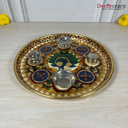 Golden Pooja Steel Full Meenakari Aarti Thali Deepak Agarbatti Stand Storage Dibbi 11"