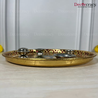 Golden Pooja Steel Full Meenakari Aarti Thali Deepak Agarbatti Stand Storage Dibbi 11"