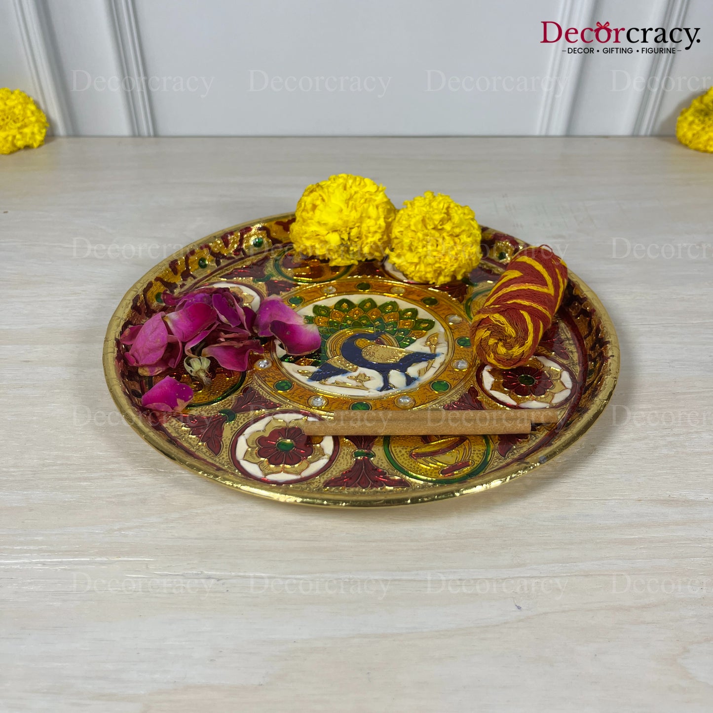Golden Pooja Steel Full Meenakari Aarti Plain Thali 12"