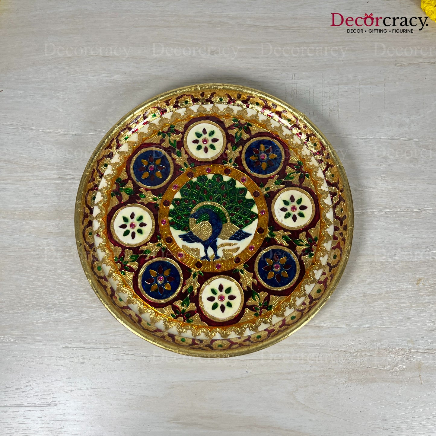 Golden Pooja Steel Full Meenakari Aarti Plain Thali 12"