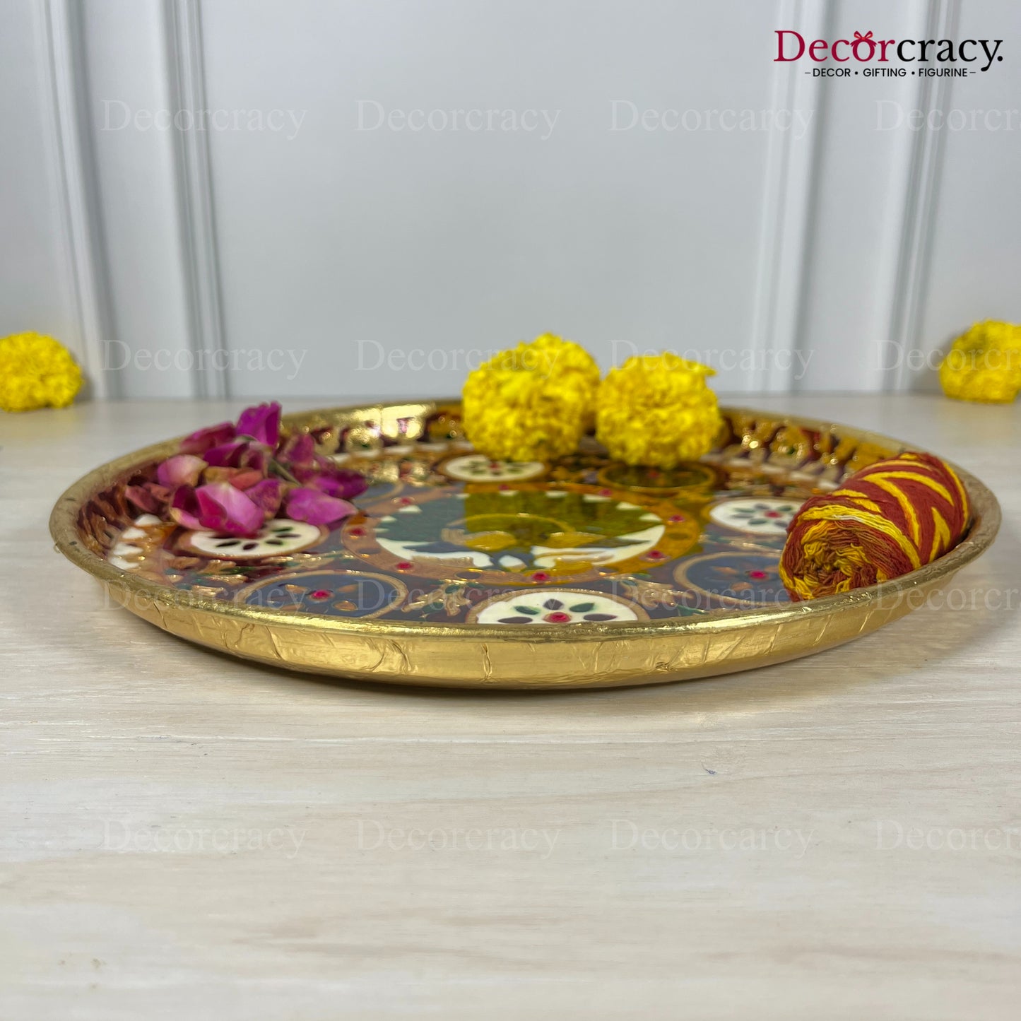 Golden Pooja Steel Full Meenakari Aarti Plain Thali 12"