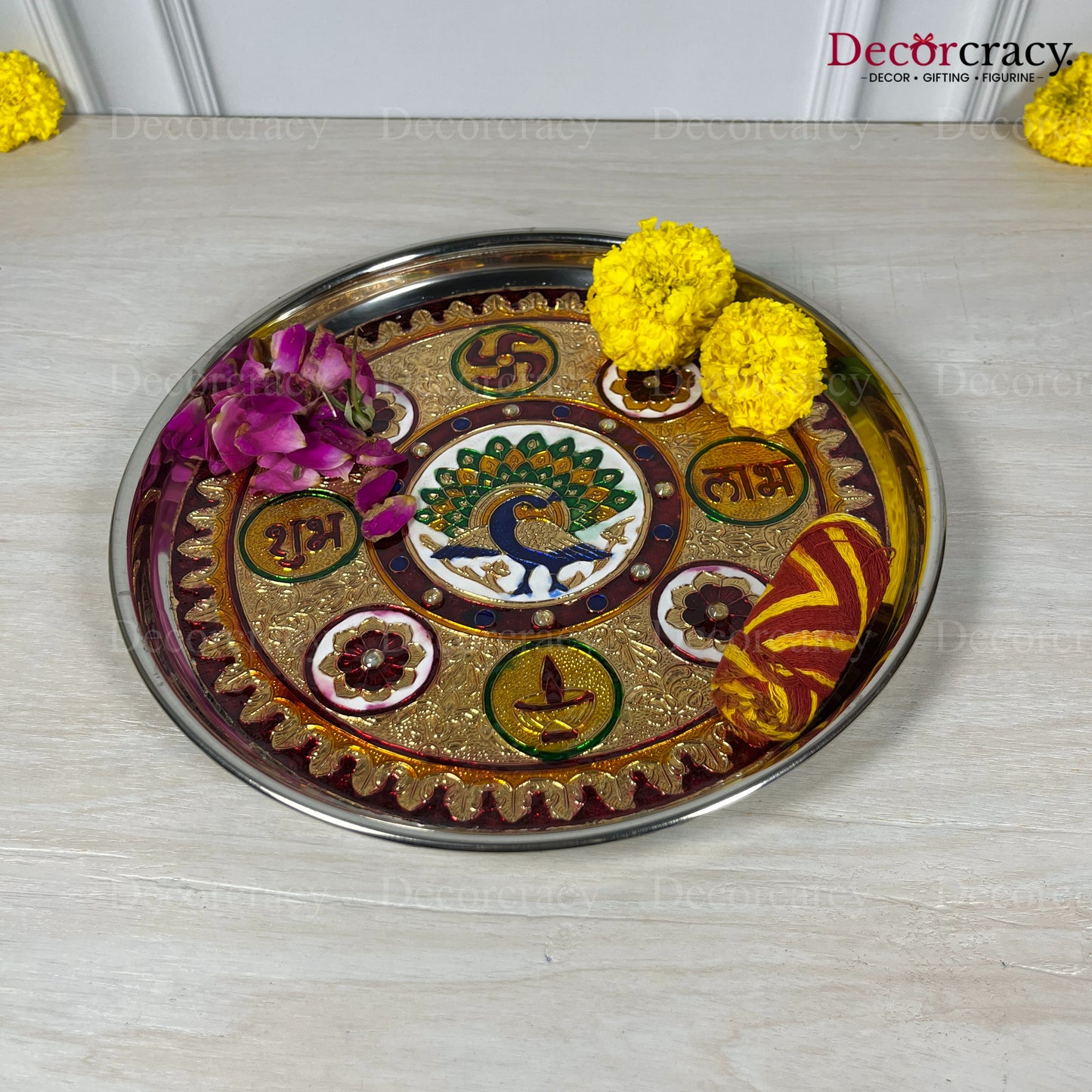 Golden Pooja Steel Half Meenakari Aarti Plain Thali 12"